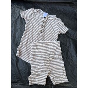 Lou Lou and Company Tan White Striped Ribbed Henley Top and Shorts Set 6-12M